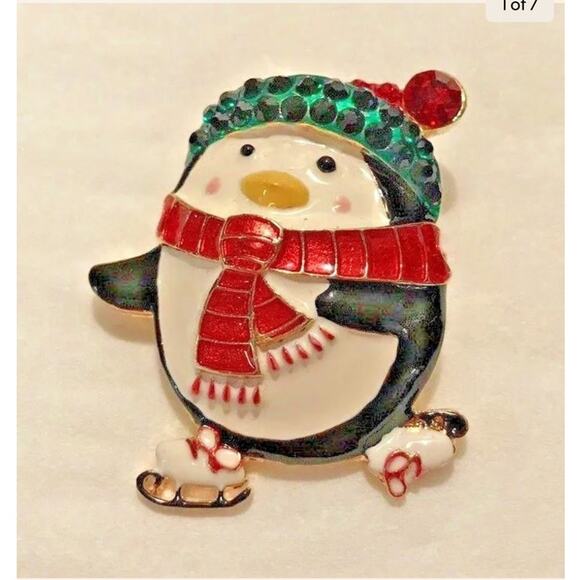 Whimsical Christmas brooch skating penguin pin or pendant  #2013FL rhinestones main image 5